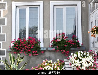 Blick und Gestaltung eines Metall-Kunststoff-Fensters von außen Stockfoto