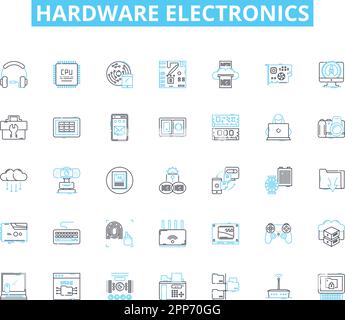 Hardware-Elektronik, lineare Symbole eingestellt. Schaltkreise, Mikrocontroller, Kondensator, Transistor, Diode, Widerstände, Halbleiterlinienvektor und Konzept Stock Vektor