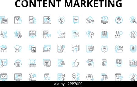 Lineare Symbole für Content-Marketing. Strategie, Blogs, Infografiken, Videos, soziale Medien, SEO, Analytics Vektorsymbole und Linienkonzepte Stock Vektor