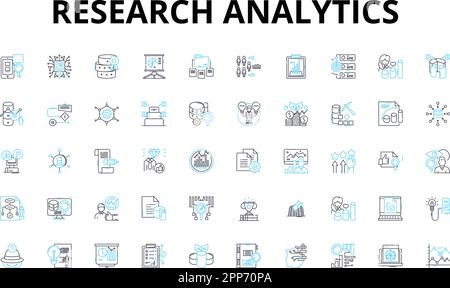 Lineare Symbole für Forschungsanalysen. Erkenntnisse, Analysen, Daten, Tools, Analysen, Metriken, Forschungsvektorsymbole und Linienkonzepte. Trends,Schlüssel Stock Vektor