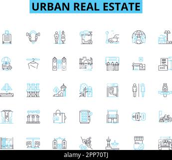 Lineare Symbole für städtische Immobilien. Gentrifikation, Revitalisierung, Neuentwicklung, Expansion, Verjüngung, Grobkörniger, vielfältiger Linienvektor und Konzept Stock Vektor