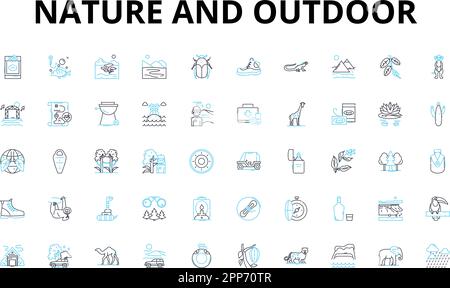 Lineare Symbole für Natur und Außenbereich. Wildnis, Berge, Wälder, Flüsse, Ozeane, Landschaften, Vektorsymbole und Linienschilder Stock Vektor