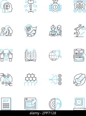 Geschäftssinn, lineare Symbole. Strategie, Führung, Innovation, Analytisch, Vision, Risikobereitschaft, Entscheidungslinienvektor und Konzeptzeichen Stock Vektor