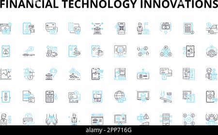 Innovationen in der Finanztechnologie – lineare Symbole. Kryptowährung, Blockchain, digitale Geldbörsen, Peer-to-Peer-Kreditvergabe, Robo-Advisor, Künstlich Stock Vektor