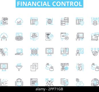 Lineare Symbole für Finanzkontrolle festgelegt. Budgetierung, Planung, Einsparungen, Investition, Ausgaben, Einnahmen, Linienvektor und Vorzeichen für Prognosen. Analyse Stock Vektor