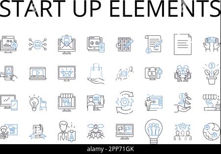 Starten Sie die Sammlung der Liniensymbole für Elemente. Unternehmensstart, Anfangsphase, Betriebsbeginn, Anfangsphase, Primärphase, Starterkit, Öffnen Stock Vektor