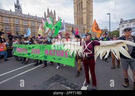 London, Großbritannien. Das Banner "Unite for Nature" erreicht das Parlament. Viele Tausende von Rebellion-Anhängern marschieren von einer Kundgebung außerhalb der Westminster Abbey am Earth Day, um die Natur und alle vom Aussterben bedrohten Arten zu ehren und zu respektieren. Sie wurden von Schlagzeugern in Blöcken angeführt und hielten an mehreren Stellen an, um Vogelgesang auf all ihren Telefonen zu spielen. So viele nahmen Teil, dass sich das stille Sterben für verlorene und bedrohte Arten, das für den Parliament Square geplant war, von der Lambeth Bridge bis zum St. James's Park ausbreitete. Peter Marshall/Alamy Live New Stockfoto