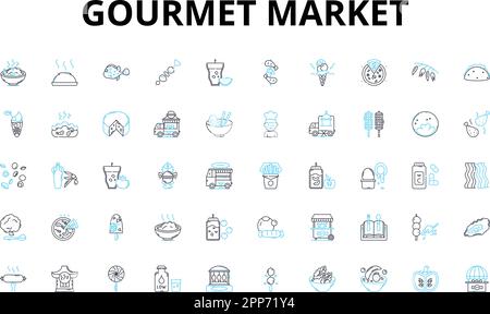 Lineare Symbole für den Gourmet-Markt. Handwerker, Bio, Spezialität, Lokal, Einzigartig, Qualität, frische Vektorsymbole und Linienkonzepte. Exotisch, Importiert Stock Vektor