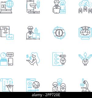 Lineare Symbole für digitale Anweisungen eingestellt. E-Learning, virtuell, Online, Multimedia, interaktiv, Lehrreiche, webbasierte Linienvektor- und Konzeptschilder Stock Vektor