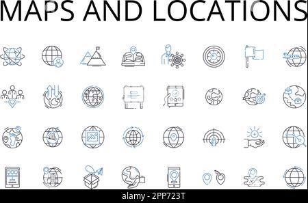 Sammlung der Liniensymbole für Karten und Standorte. Kartografie, Geolokalisierung, Topographie, Atlas, Navigation, Terrain, Geocaching-Vektor und lineare Darstellung Stock Vektor