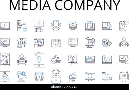 Symbolsammlung der Medienfirma. Werbefirma, Nachrichtensender, Fernsehnerk, Verlag, Presseagentur, Filmstudio, Rundfunkanstalt Stock Vektor