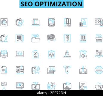 Lineare Symbole für SEO-Optimierung festgelegt. Schlüsselwörter, Organisch, Ranking, Traffic, Algorithmus, Backlinks, SERP-Linienvektor und Konzeptzeichen. Metatags, Analysen Stock Vektor