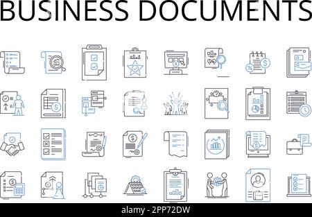 Collection mit Positionssymbolen für Geschäftsdokumente. Verträge, Verträge, Rechnungen, Vorschläge, Angebote, Vektor für Wareneingänge, Bestellungen und lineare Darstellung Stock Vektor
