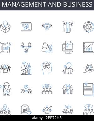 Symbolsammlung für Management und Geschäftsbereiche. Administration, Leadership, Governance, Supervision, Direction, Kontrolle, Koordinationsvektor und linear Stock Vektor