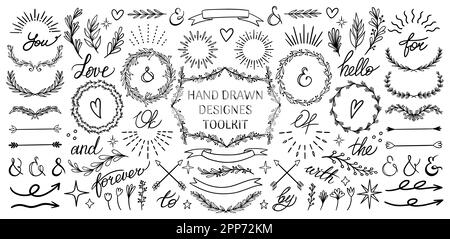 Handgezeichnetes Blumendesign. Vintage Hipster Lorbeerblätter Set, Spring Love Label, geschwungene Kalligraphie und Retro Ecken. Kollektion mit botanischen Gartendekorationen, Pfeilen und Bändern, Vektorvektoren und Dekorationselementen Stock Vektor