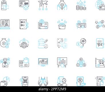 Linearer Symbolsatz für die Automobilindustrie. Auto, Fahrzeug, Automobil, Design, Technik, Fertigung, Vektor- und Konzeptschilder für Sicherheitslinien. Leistung Stock Vektor