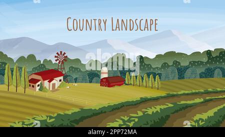 Landwirtschaftslandschaft. Mit Haus und Bergen abdecken. Frühlings- oder Sommerfoto. Landschaftlich reizvolle Natur. Landschaftspanorama. Wald und Blumen. Landwirtschaftliche Felder. Hintergrund der Vektordarstellung Stock Vektor