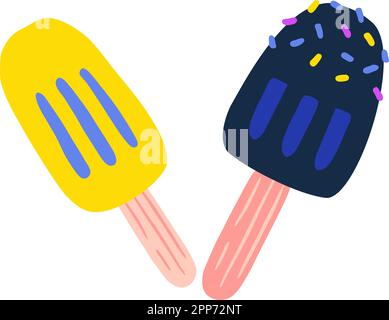 Eis. Gefrorener Sommereis, leckeres Eisbecher, handgezogenes, leckeres Eis am Stiel. Doodle-Style-Zeichnung. Elemente auf weißem Hintergrund. Isolierte Vektordarstellung im flachen Cartoon-Stil Stock Vektor