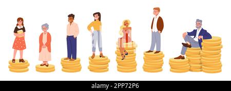 Lohn, finanzielle Gleichheit, Einkommen der Menschen. Reich und Arm, Wachstum der Mitarbeiter, Gleichberechtigung der Arbeitnehmer, Gewinn und Chancen. Mann und Frau auf goldenen Münzen. Cartoon-Flachbild, isolierte Illustration. Geschlecht des Vektors festgelegt Stock Vektor
