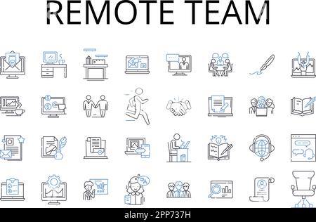 Symbolsammlung für Remote Team Line. Virtuelles Personal, entfernte Gruppe, externes Team, weit entfernte Crew, Online-Personal, Geografisch verteilte Einheit Stock Vektor