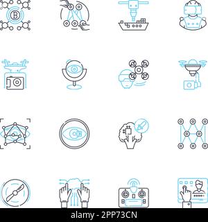 Lineare Symbole für Smart Dispatch festgelegt. Effizienz, Automatisierung, Optimierung, Geschwindigkeit, Koordination, Echtzeit-, Integrationslinien-, Vektor- und Konzeptzeichen Stock Vektor