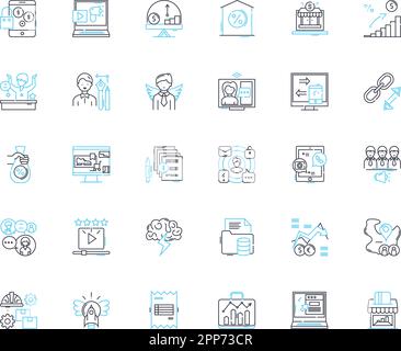 Lineare Symbole für Branding Skills. Innovation, Strategie, Kreativität, Design, Branding, Marketing, Kommunikationslinien-Vektor und Konzeptschilder. Digital Stock Vektor