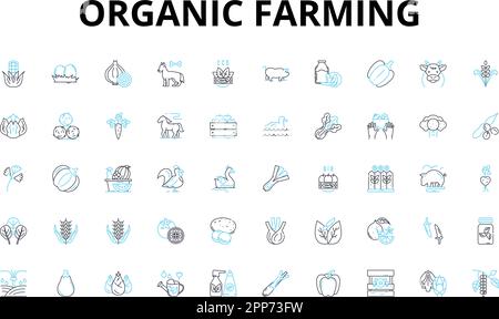 Linearer Symbolsatz für ökologischen Landbau. Nachhaltigkeit, Boden, Pestizide, Pflanzen, Düngemittel, Kompost, Vektorsymbole zur biologischen Vielfalt und Linienkonzepte Stock Vektor
