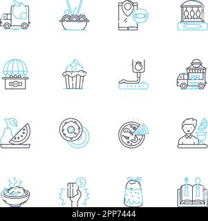 Lineares Symbolset für Lebensmittel. Schnell, einfach, vorgefertigt, mikrowellengeeignet, gefroren, Snackbar, verzehrfertige Linienvektor- und Konzeptschilder. Tragbar Stock Vektor