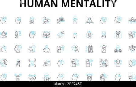 Menschliche Mentalität - Lineare Symbole gesetzt. Kapazität, Wahrnehmung, Emotion, Intelligenz, Instinkt, Widerstandsfähigkeit, Kreativitätsvektorsymbole und Linienkonzepte Stock Vektor