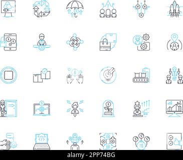 Lineare Symbole für Steuerzuständigkeit festgelegt. Budget, Einsparungen, Schulden, Rechenschaftspflicht, Effizienz, Transparenz, Planungslinienvektor und Konzeptzeichen Stock Vektor