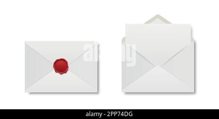 Vector Realistic White geschlossener Umschlag mit roter Wachsversiegelung und geöffnetem Umschlag mit Letter im Inneren. Symbolgruppe gefalteter und abgewickelter weißer Briefumschlag isoliert Stock Vektor