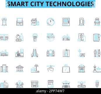 Smart City Technologies – Lineare Symbole. IoT, Nachhaltigkeit, Automatisierung, Innovation, Digitalisierung, Konnektivität, Mobilitätslinienvektor und Konzept Stock Vektor