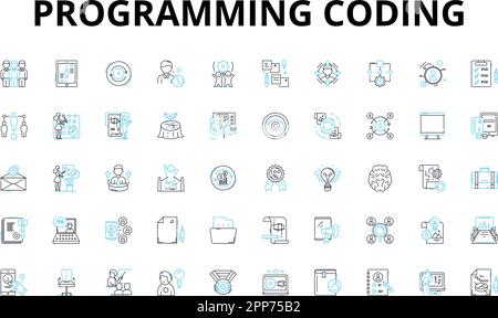 Programmierung Kodierung linearer Symbole eingestellt. Syntax, Algorithmen, Debugging, Variablen, Schleifen, Funktionen, Klassen, Vektorsymbole und Linienkonzepte Stock Vektor