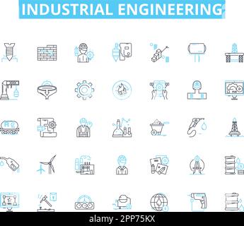 Linearer Symbolsatz für Industrietechnik. Fertigung, Optimierung, Automatisierung, Logistik, Qualität, Design, Materiallinienvektor und Konzeptzeichen Stock Vektor