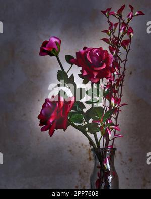 Mürrische Atmosphäre gedämpfte rote Rosen in Glasvase vor einem dunklen, rustikalen Hintergrund mit Hintergrundbeleuchtung. Stockfoto