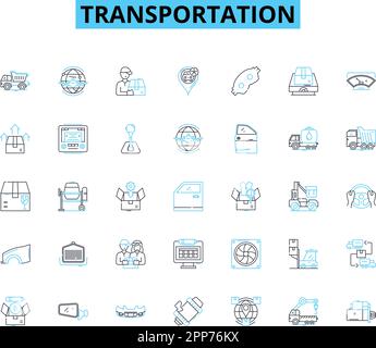 Lineare Symbole für Transport festgelegt. Auto, Fahrrad, Zug, Bus, Flugzeug, Fähren-, Helikopter-Linienvektor und Konzeptschilder. Umriss Boot, Taxi, Skateboard Stock Vektor