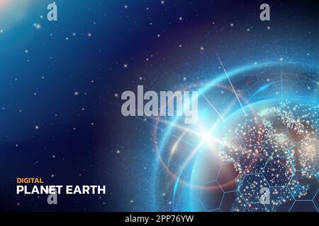 Der Erdplanet. Digitale Welt. Globale Weltraumtechnologie verbindet sich mit einer leuchtenden Weltkarte. Internet-Netzverbindung. Zukünftige internationale Netzwerkkommunikation. Kosmisches Banner. Vector 3D-Hintergrundkonstruktion Stock Vektor