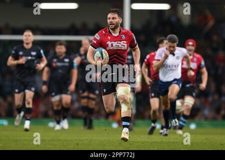 Thomas Young aus Cardiff macht eine Pause für einen Versuch beim United Rugby Championship Match Ospreys vs Cardiff Rugby im Principality Stadium, Cardiff, Großbritannien, 22. April 2023 (Foto von Craig Thomas/News Images) in, 4./22. April 2023. (Foto: Craig Thomas/News Images/Sipa USA) Guthaben: SIPA USA/Alamy Live News Stockfoto