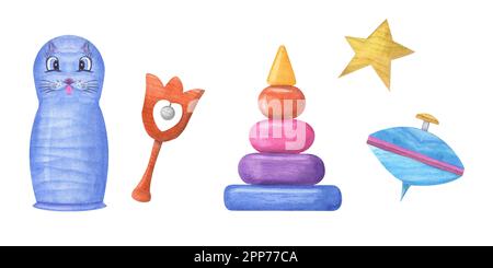 Aquarelle Darstellung mit Holzspielzeugen für Kinder, isoliert auf weißem Hintergrund. Matryoschka, Sitzsack, Drehteller, Pyramide zur Dekoration, Grußkarte Stockfoto