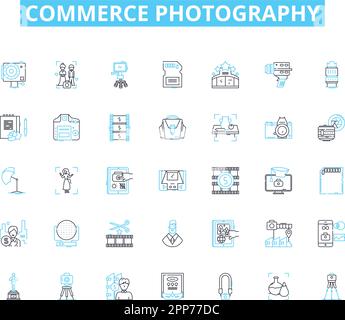 Commerce Fotografie Lineare Symbole gesetzt. E-Commerce, Produkt, Werbung, Markt, Vertrieb, Merchandising, Anzeigen von Linienvektoren und Konzeptschildern. Branding Stock Vektor