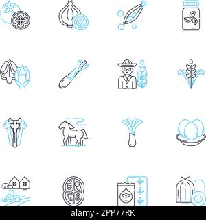 Agroecology Farming lineare Symbole gesetzt. Nachhaltigkeit, Vielfalt, Boden, Permakultur, Regeneration, Ökosystem, Organic Line Vector und Concept Signs Stock Vektor