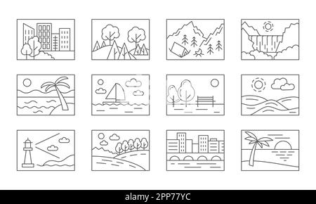 Landschaft, Natur, Landschaftsbilder, Stadtbild im Freien. Meer- und Seenwasser, Meer- und Flussstrand, Stadtpark. Abenteuerlandschaft. Isolierte Elemente mit schwarzer Kontur. Sammlung von Vektorlinien-Piktogrammen Stock Vektor