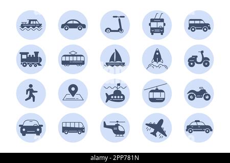Symbol für öffentliche Verkehrsmittel. Autofahrt. Zug und Bus. Silhouettensymbole. Zu Fuß oder mit dem Fahrrad. Kartenposition. Fährschiff oder Flugzeug. Kreiszeichen für App. U-Boot- und Hubschrauberlogo. Blaue Vektorpiktogramme eingestellt Stock Vektor