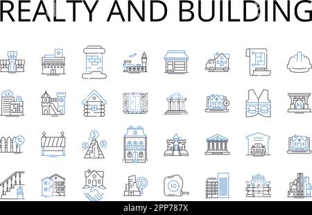 Icons für Immobilien und Gebäudelinien. Immobilien, Haus und Unterkunft, Wohnen und Wohnen, Wohnsitz und Wohnsitz, Haus und Wohnsitz Stock Vektor