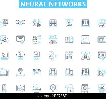 Lineare Symbole für neuronale Netzwerke gesetzt. Perceptron, Rückpropagation, Deep Learning, künstliche Intelligenz, Convolutional, Wiederkehrend, Hopfield-Linienvektor Stock Vektor