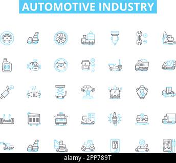 Linearer Symbolsatz für die Automobilindustrie. Autos, Fahrzeuge, Autos, Lkw, Motorräder, Fertigung, Konstruktionslinienvektor und Konzeptzeichen Stock Vektor