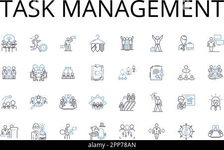 Sammlung der Positionssymbole für die Aufgabenverwaltung. Zeitmanagement, Projektplanung, Aufgabenzuweisung, Verfolgung von Verantwortlichkeiten, Workflow-Organisation, Zielsetzung Stock Vektor