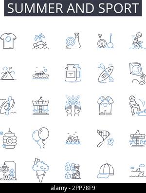 Sommer- und Sport Outline Icons Kollektion. Sonniges Wetter und Leichtathletik, warme Jahreszeit und Erholung, Sommer und Bewegung, heiße Zeit und körperliche A Stock Vektor