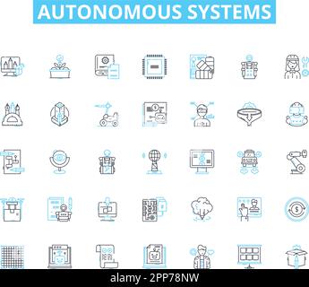 Lineare Symbole für autonome Systeme festgelegt. Robotik, Automatisierung, Selbststeuerung, KI, Intelligenz, Maschinen-, Computerlinienvektor- und Konzeptzeichen. Optisch Stock Vektor