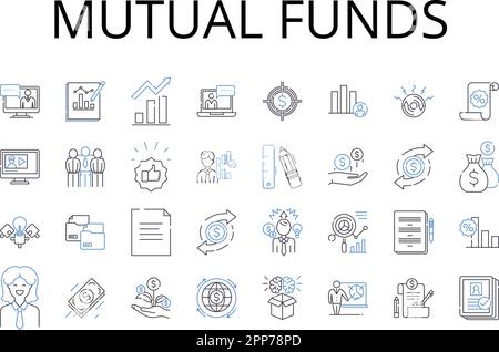 Symbolsammlung für Investmentfonds-Positionen. Aktienfonds, Anleihefonds, Wachstumsfonds, Einkommenskassen, Indexfonds, Anlageklassen, Anlagepools Vektor und Stock Vektor